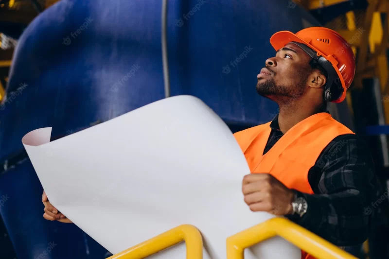 African american worker standing in uniform wearing a safety hat in a factory Free Photo