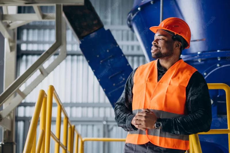 African american worker standing in uniform wearing a safety hat in a factory Free Photo