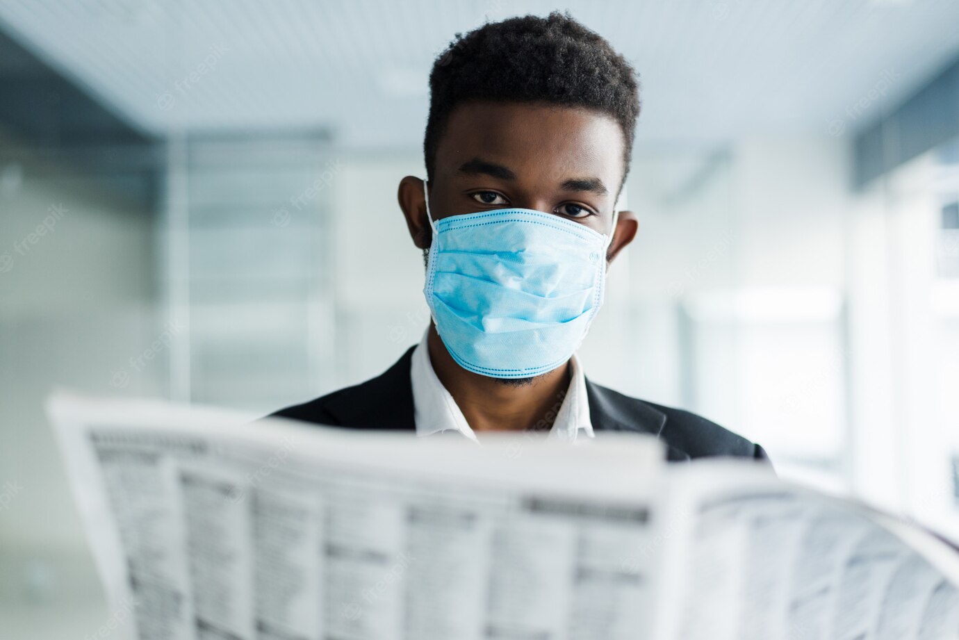 African Handsome Business Man Medical Mask Reading Newspaper Office Building 231208 784