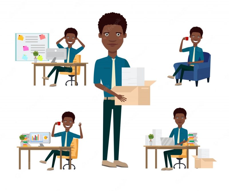 African office employee character set with different poses Free Vector