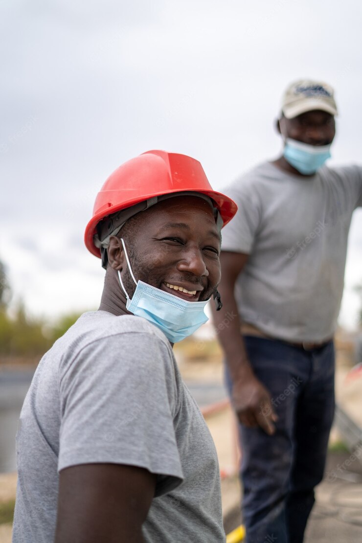 Afro American Builders Wearing Helmets Face Masks While Working 181624 38757