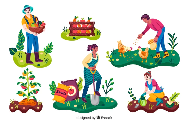 Agricultural workers making activities in the garden Free Vector