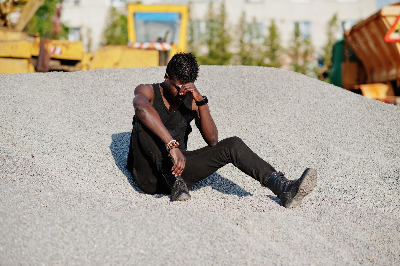 Attractive Black African American Guy Black Muscle Shirt Posing Pile Gravel Industrial Zone 627829 3305