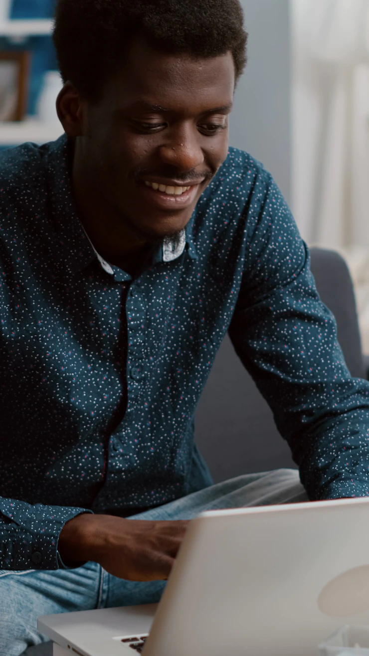 Authentic Smiling Black African American Guy Working From Home His Laptop 482257 14058