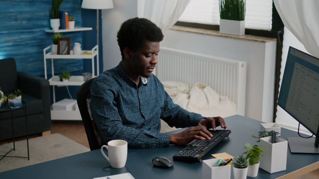 Authentic Smiling Black African American Man Working From Home Remote Working Computer User Slow Motion Shot Freelancer Using Internet Web Online Communication Modern Flat 482257 15780