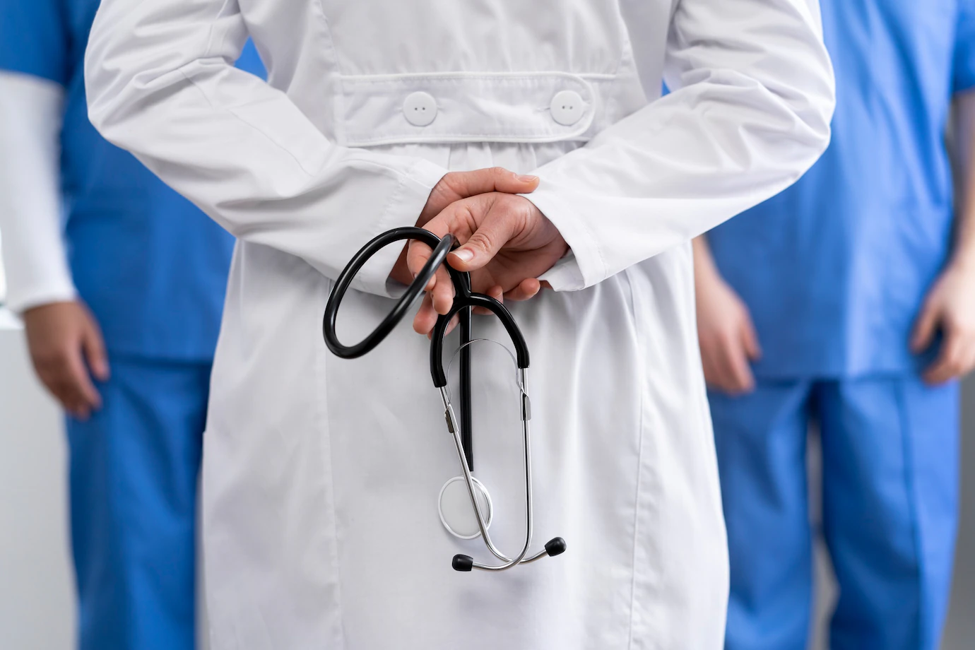 Back View Doctor Holding Stethoscope 23 2149309996