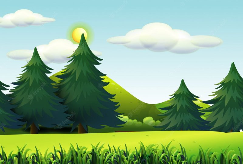 Big pines in nature scene background Free Vector