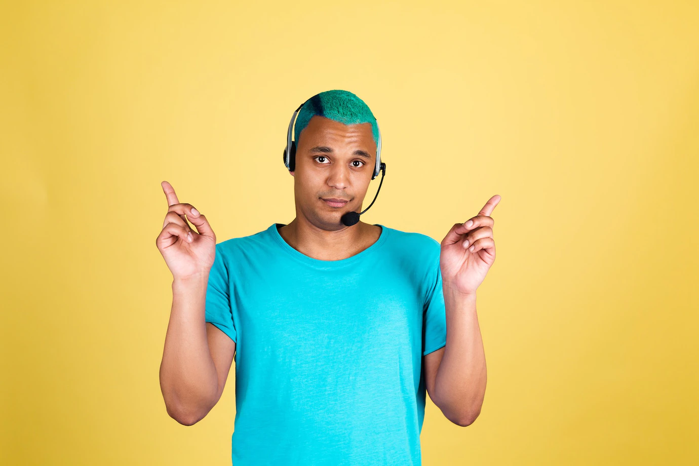 Black African Man Casual Yellow Wall Blue Hair Call Centre Worker Happy Customer Support Operator With Headphones Point Fingers Up 343596 6092