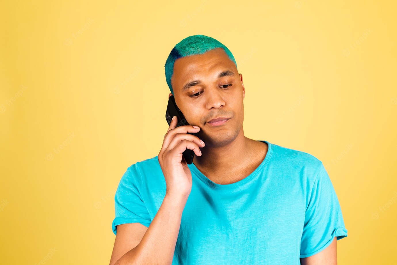 Black African Man Casual Yellow Wall With Mobile Phone Listen Voice With Bored Tired Face 343596 6071