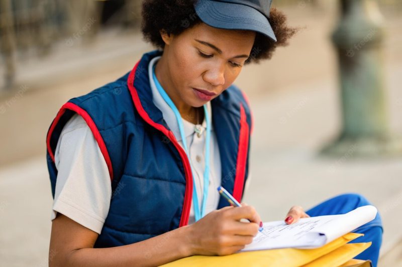 Black delivery woman filling paperwork while sitting on city street Free Photo