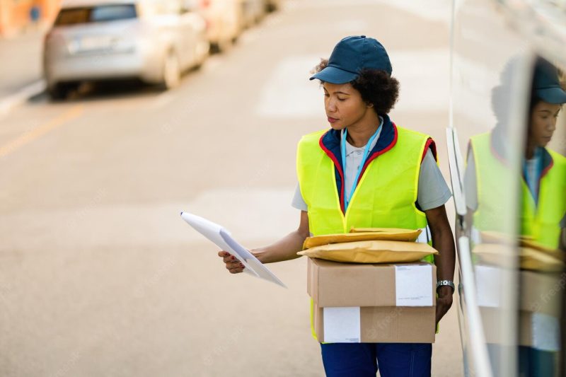 Black delivery woman with packages standing next to mini van and reading shipment schedule list Free Photo