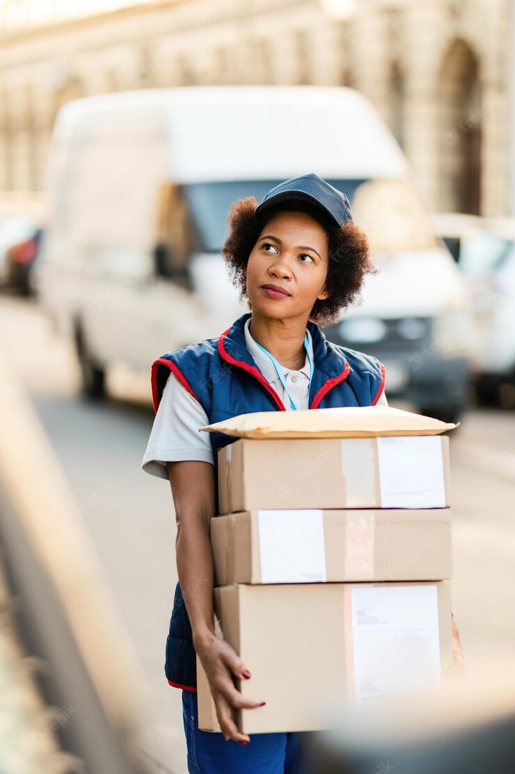 Black Female Courier Carrying Packages Looking Delivery Address City 637285 2077