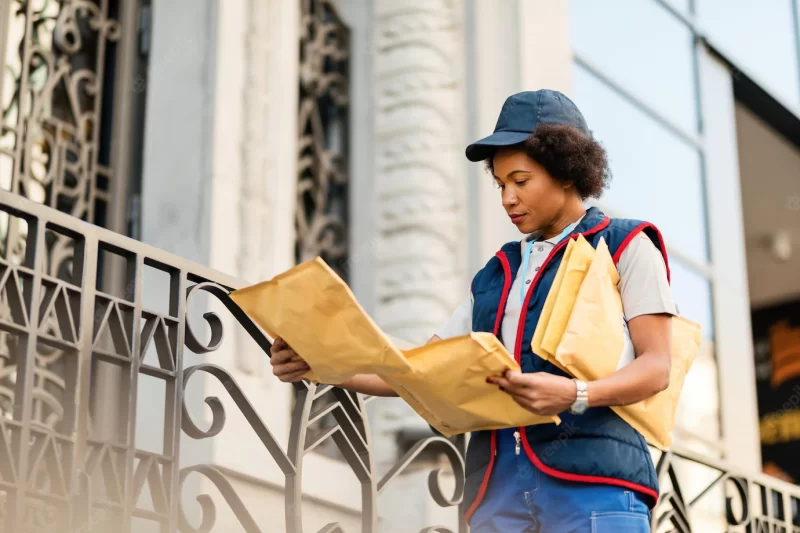 Black female courier making a delivery and reading address on a package Free Photo