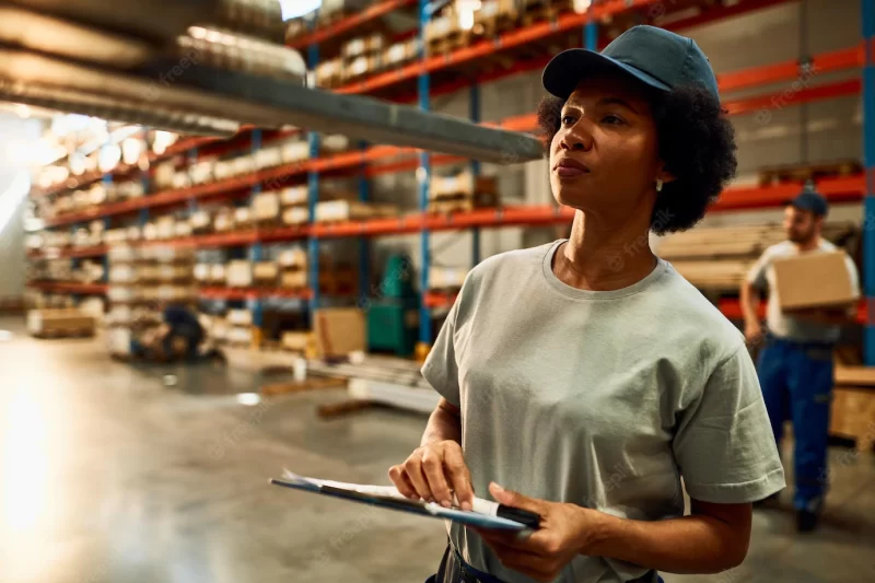 Black female warehouse worker inspecting merchandise at industrial storage compartment Free Photo