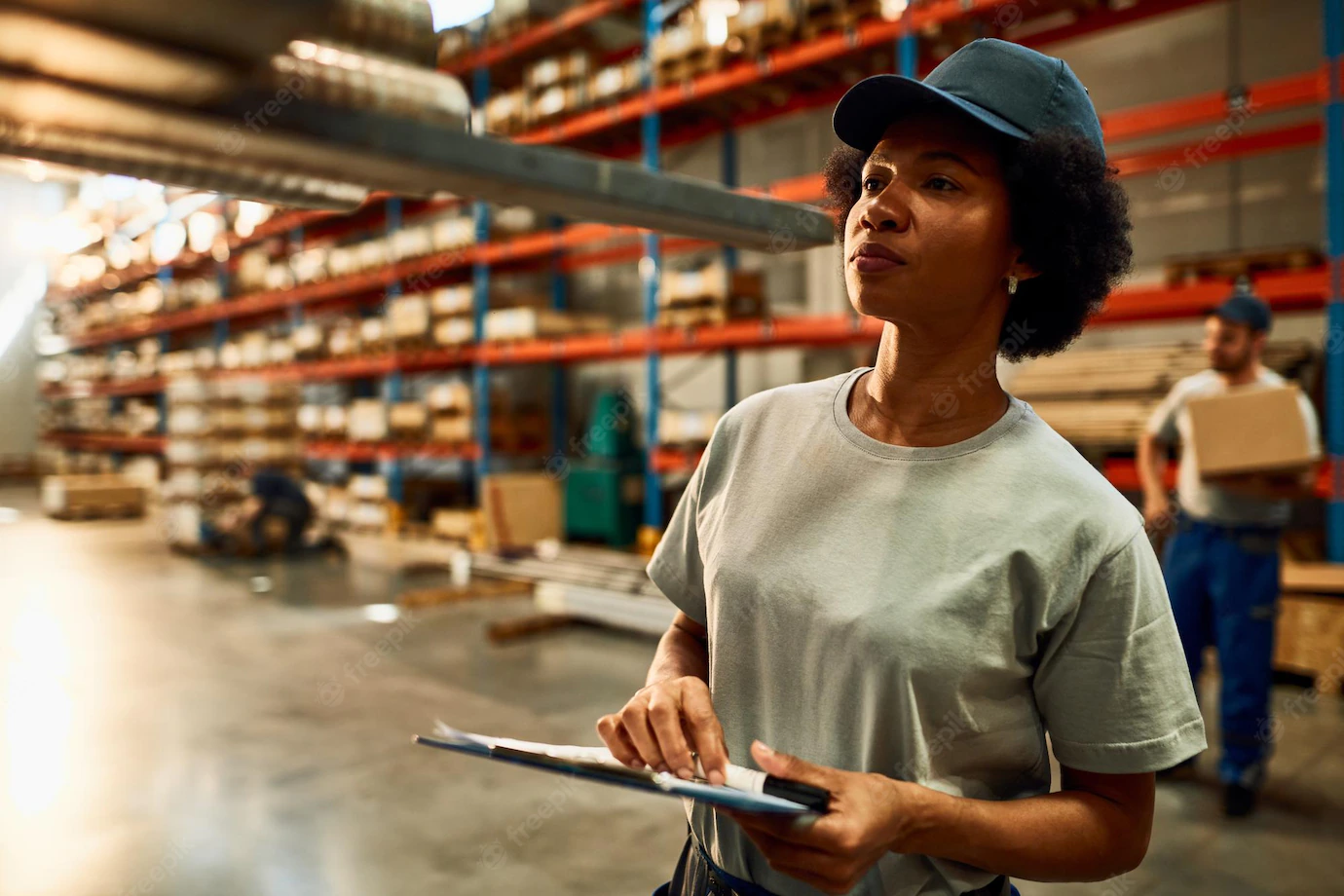 Black Female Warehouse Worker Inspecting Merchandise Industrial Storage Compartment 637285 4659