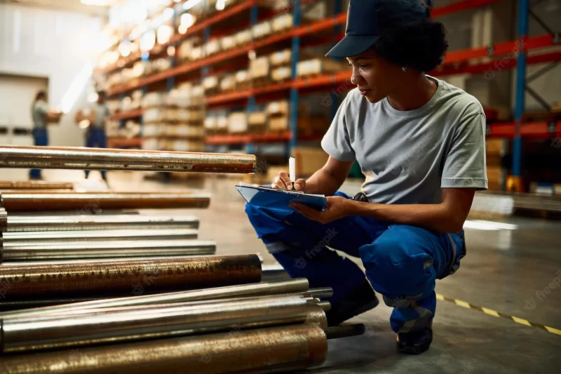 Black female worker writing on clipboard while inspecting steel products at industrial warehouse Free Photo