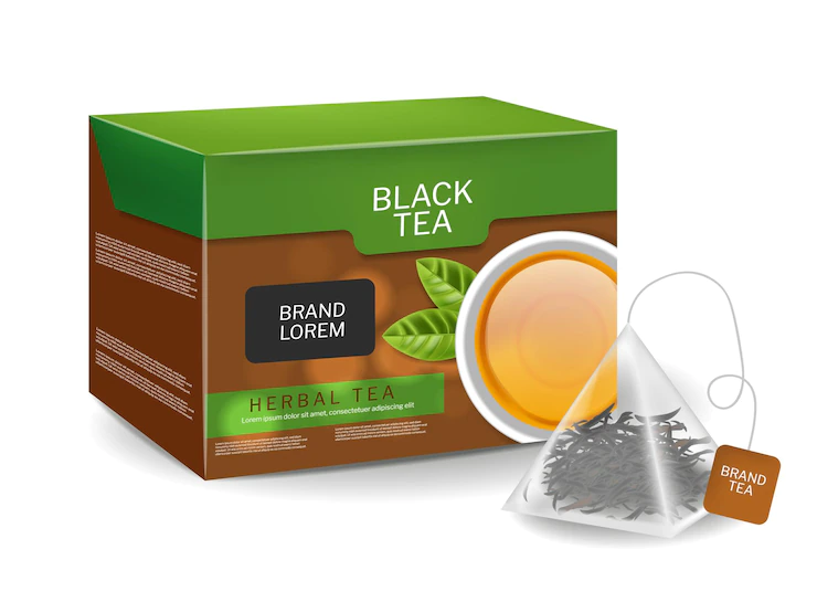 Black tea pack in triangle bags infusion organic herbs vector realistic drink Free Vector