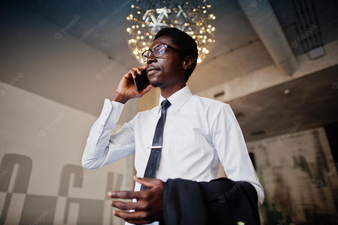 Business African American Man Wear White Shirt Tie Glasses Office Speaking Mobile Phone 627829 2628