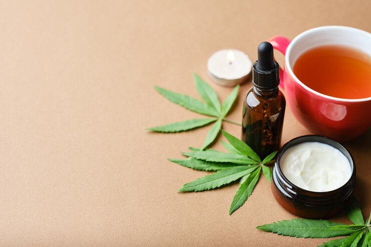 Cannabis Cosmetic Oil Cream Jar Bottle Herbal Green Plant Leaf Natural Cosmetic Brown Background Flat Lay Copy Space 501050 1137