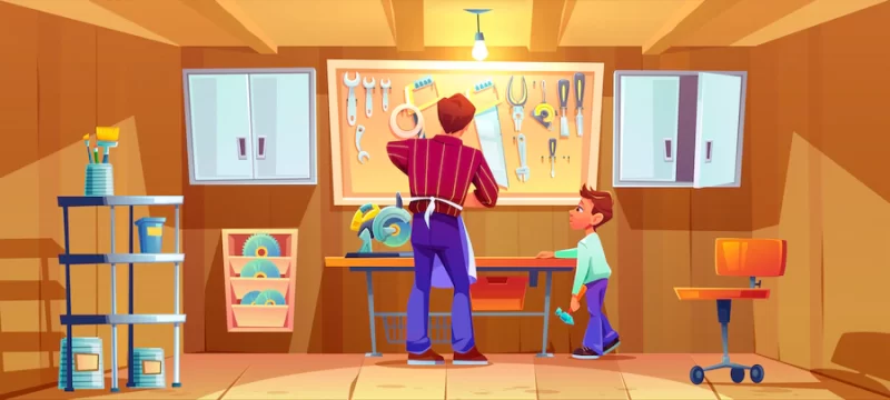 Carpenter and his son do craft or repair on workbench in garage. cartoon illustration of workshop interior with carpentry tools and instruments. boy with hammer helps father Free Vector