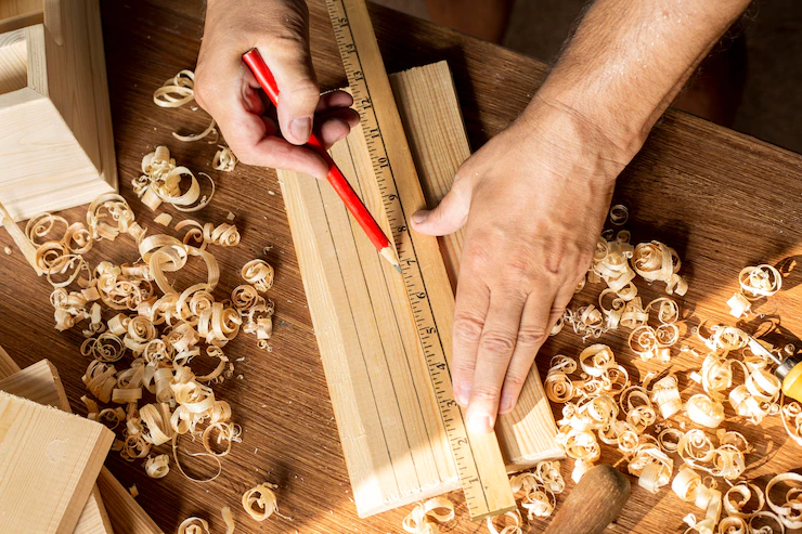 Carpenter Measuring With Ruler Pencil 23 2148679131