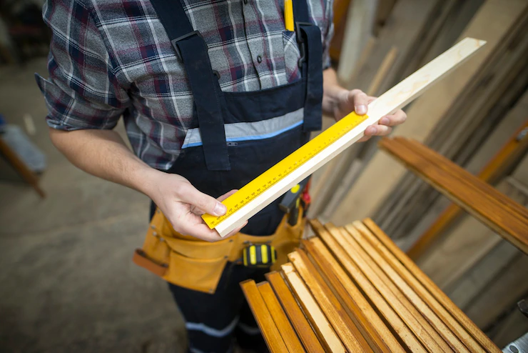 Carpenter Taking Measurements Plank He Is About Cut Woodworking Workshop 342744 833