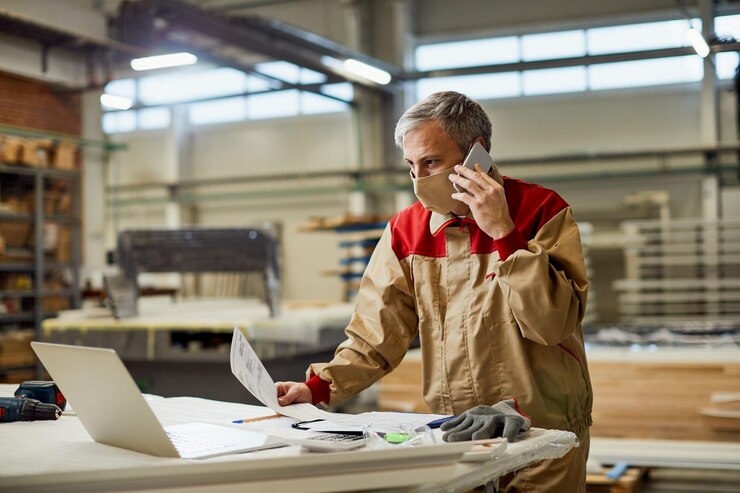 Carpenter Talking Phone While Using Laptop Wearing Face Mask Workshop 637285 11703