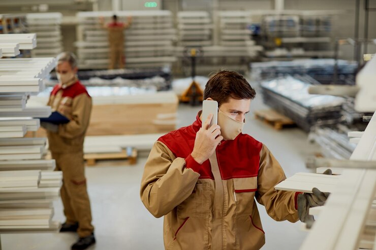 Carpenter With Face Mask Talking Phone While Examining Wood Planks Workshop 637285 11793