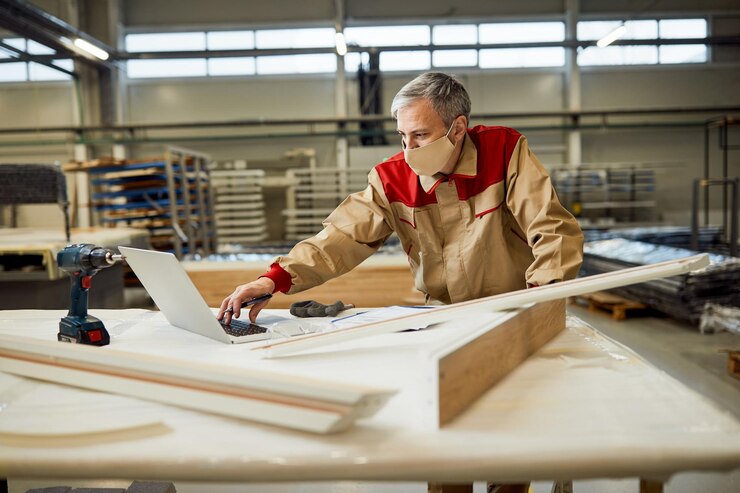 Carpenter With Face Mask Using Laptop While Working Workshop 637285 11697