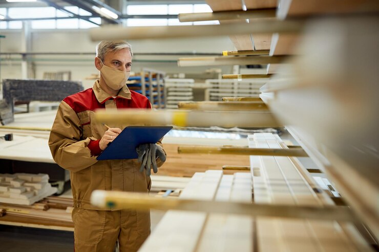 Carpenter With Face Mask Writing Notes While Checking Inventory Workshop 637285 11723