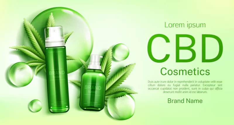Cbd cosmetics bottles with bubbles and leaves Free Vector