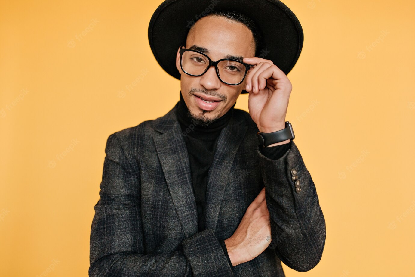 Charming Young Man With Brown Skin Posing Elegant Wristwatch Serious African Guy Trendy Suit Standing Yellow Wall 197531 21939