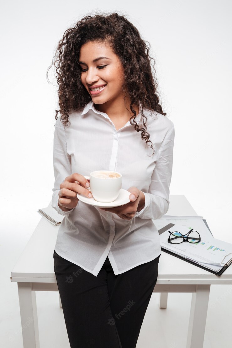 Cheerful African Business Woman Wearing Glasses Drinking Coffee 171337 16187