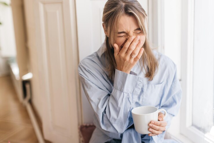 Cheerful Caucasian Young Girl Drinks Coffee Laughs While Covering Face With Hand While Sitting By Window Light Room Emotion Concept 197531 31503