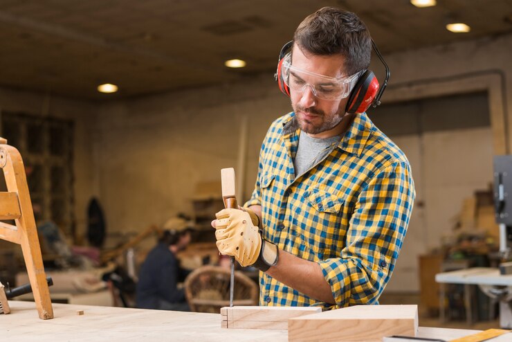 Close Up Carpenter Hitting Hammer Chisel Wooden Block Workshop 23 2147944893