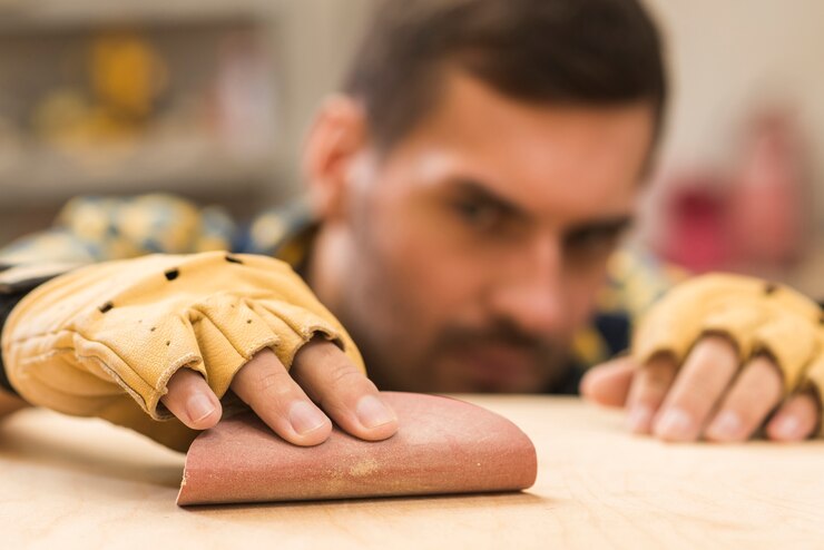 Close Up Male Carpenter Wearing Protective Gloves Hand Rubbing Sandpaper Wooden Plank 23 2147945063