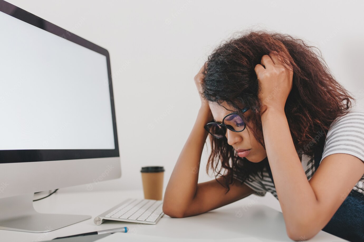 Close Up Portrait Sad Young Woman Lies Near Computer With White Screen Cup Coffee 197531 4907