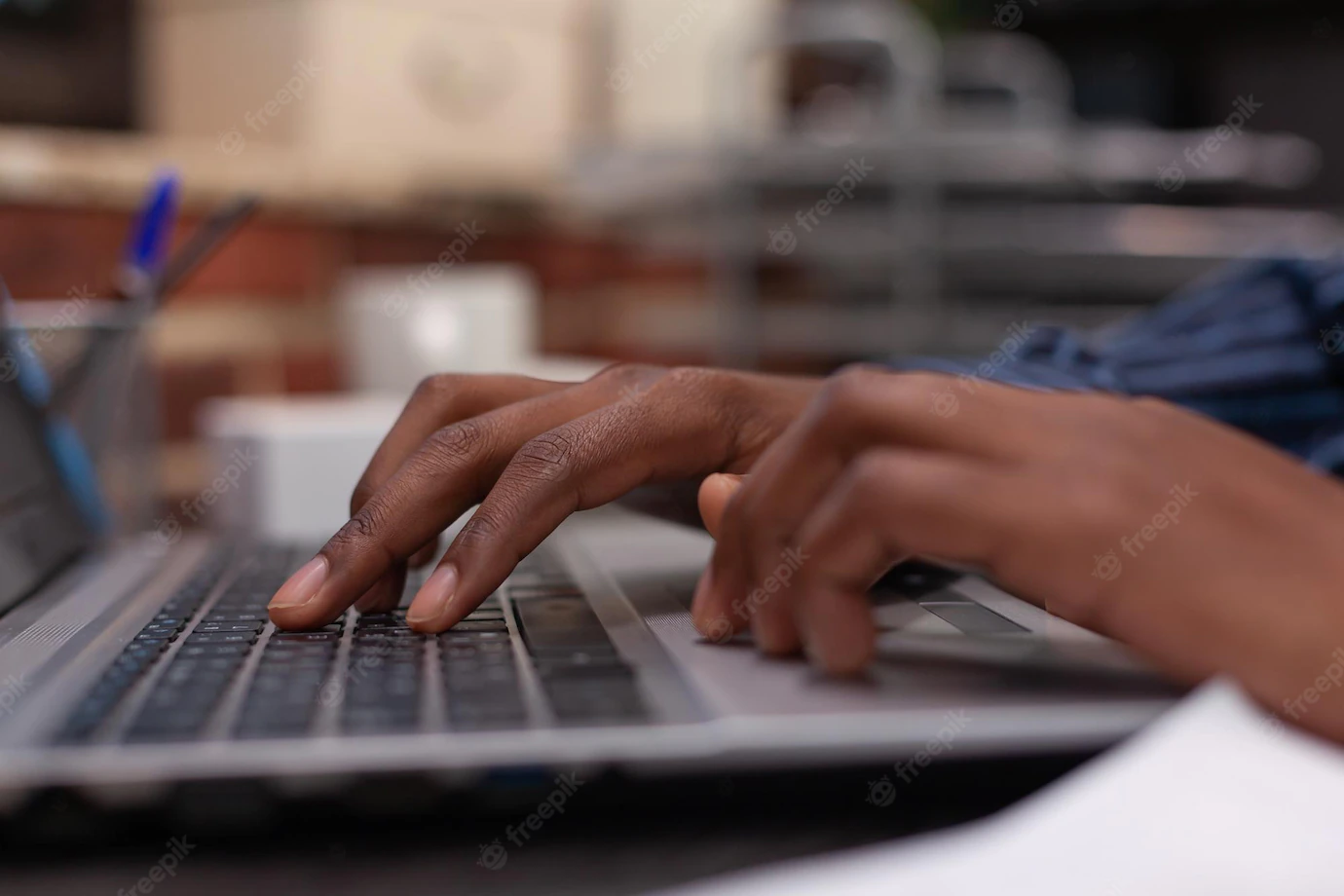 Closeup African American Hands Typing Business Data Portable Computer Keyboard Startup Brick Wall Office Focus Startup Employee Using Laptop Professional Work Composing Email 482257 34976