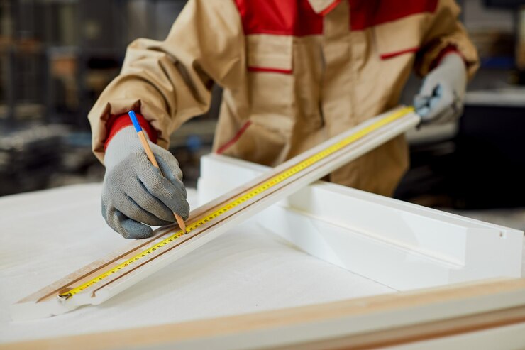 Closeup Manual Worker Marking Measurements Piece Wood Carpentry Workshop 637285 11691