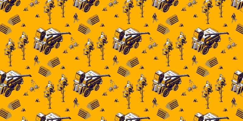 Coffee farming and harvesting isometric seamless pattern. farmers working on field care of plants and collecting crop with harvester machine, combine machinery field works, 3d vector line art ornament Free Vector