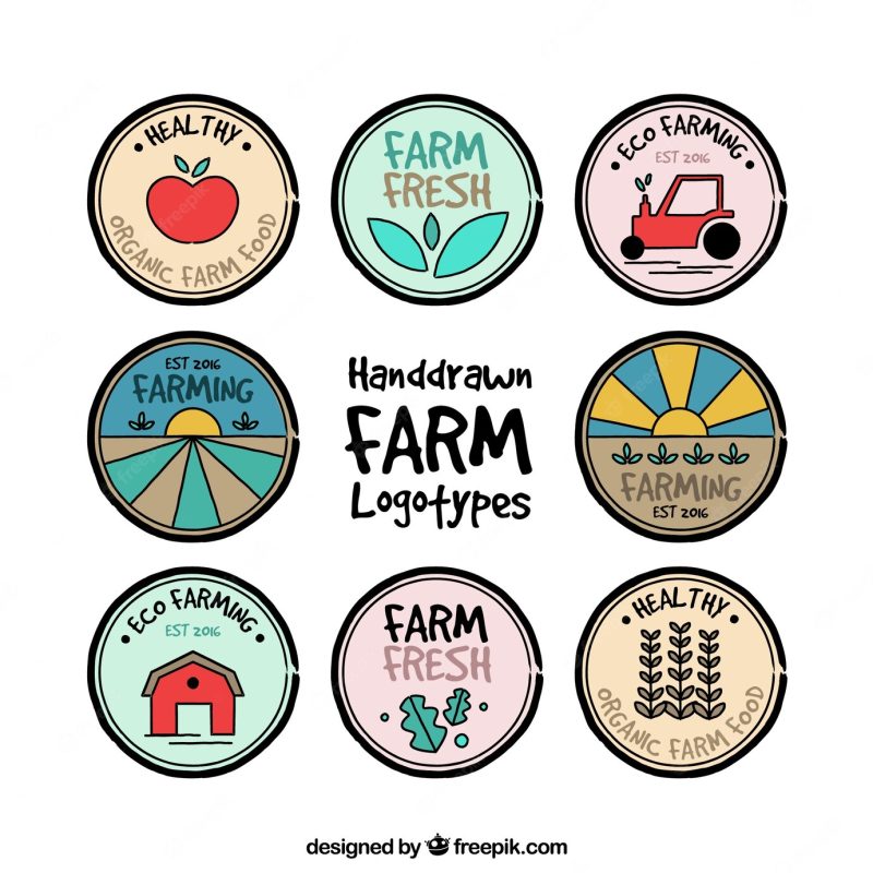 Collection of hand drawn colored farm logo Free Vector