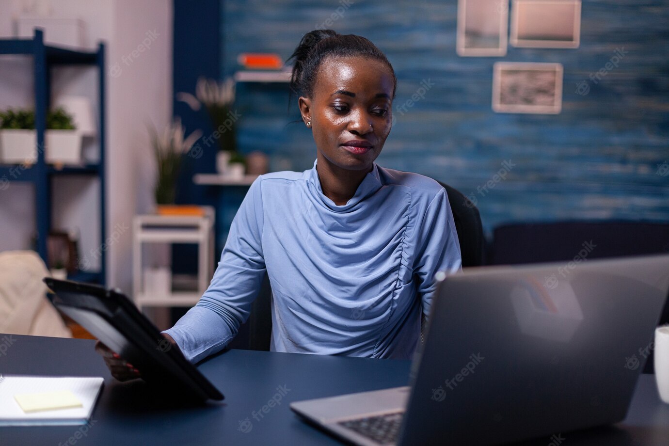 Concentrated African Woman Working Deadline Using Tablet Pc Laptop Home Office Late Night Busy Focused Employee Using Modern Technology Network Wireless Doing Overtime Writing 482257 9200