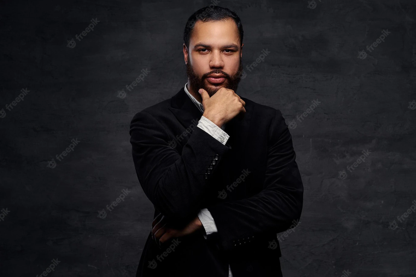 Confident African American Businessman Black Classic Jacket Thinking About Business While Holding Hand Chin Isolated Dark Background 613910 6615