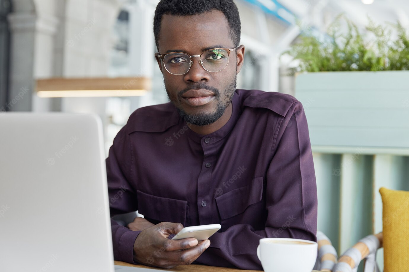 Confident Serious Corporate Worker Types Message Smart Phone Dressed Formally Sits Front Generic Laptop Computer 273609 3442