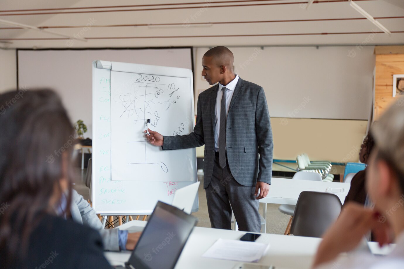 Confident Speaker Talking Pointing Whiteboard 74855 4122