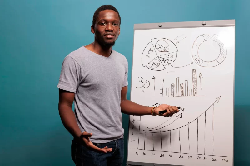 Confident worker using whiteboard to make business presentation, standing in front of camera. young person promoting financial statistics on placard for economy growth in studio. Free Photo