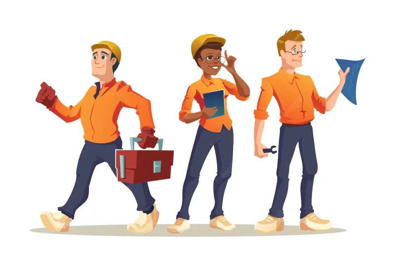 Construction workers builder, engineer or foreman characters with tools and blueprint. architect with house plan, professional architecture building constructors in helmets cartoon vector illustration Free Vector