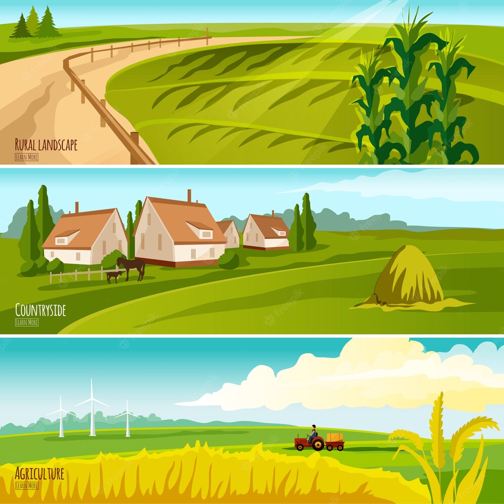 Countryside Cropland Cultivation Farmhouses With Haystack 3 Horizontal Flat Banners Set 1284 5300