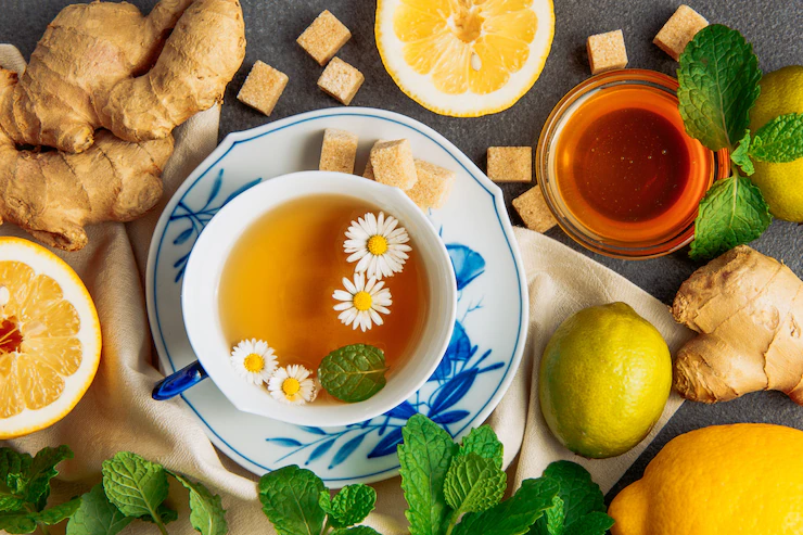 Cup Chamomile Tea With Sliced Lemon Ginger Brown Sugar Cubes Honey Glass Bowl Green Leaves Saucer Grey Piece Cloth Background Flat Lay 176474 4757