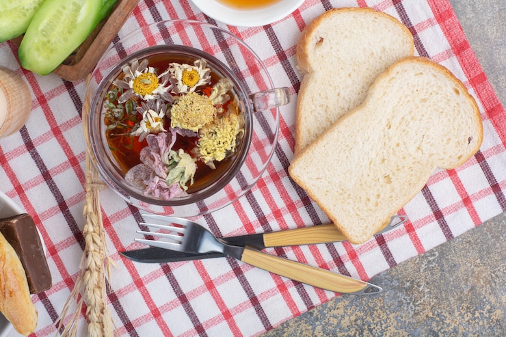 Cup Herbal Tea Bread Slices Cutlery Tablecloth 114579 23457